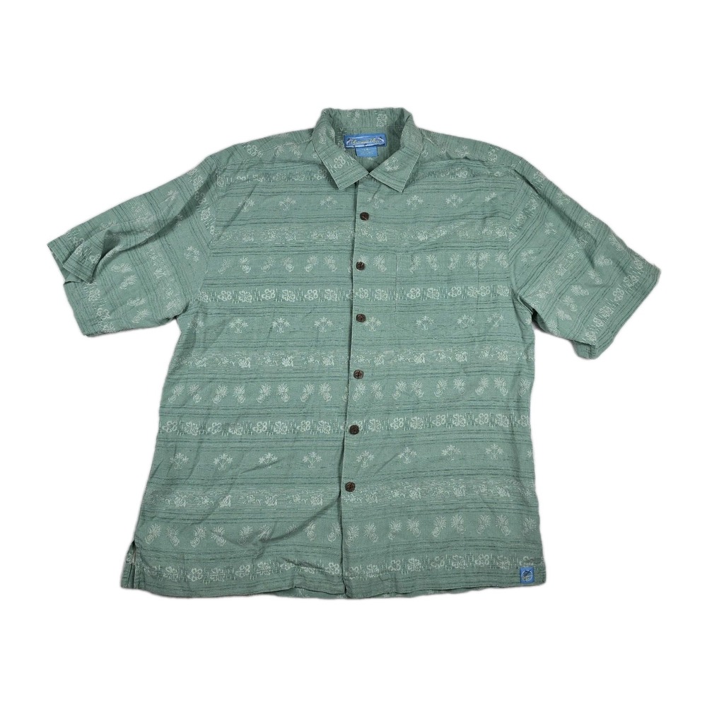 Bermuda Bay Mens Large 100% Silk Sage Green Embroidered Hawaiian Camp Shirt